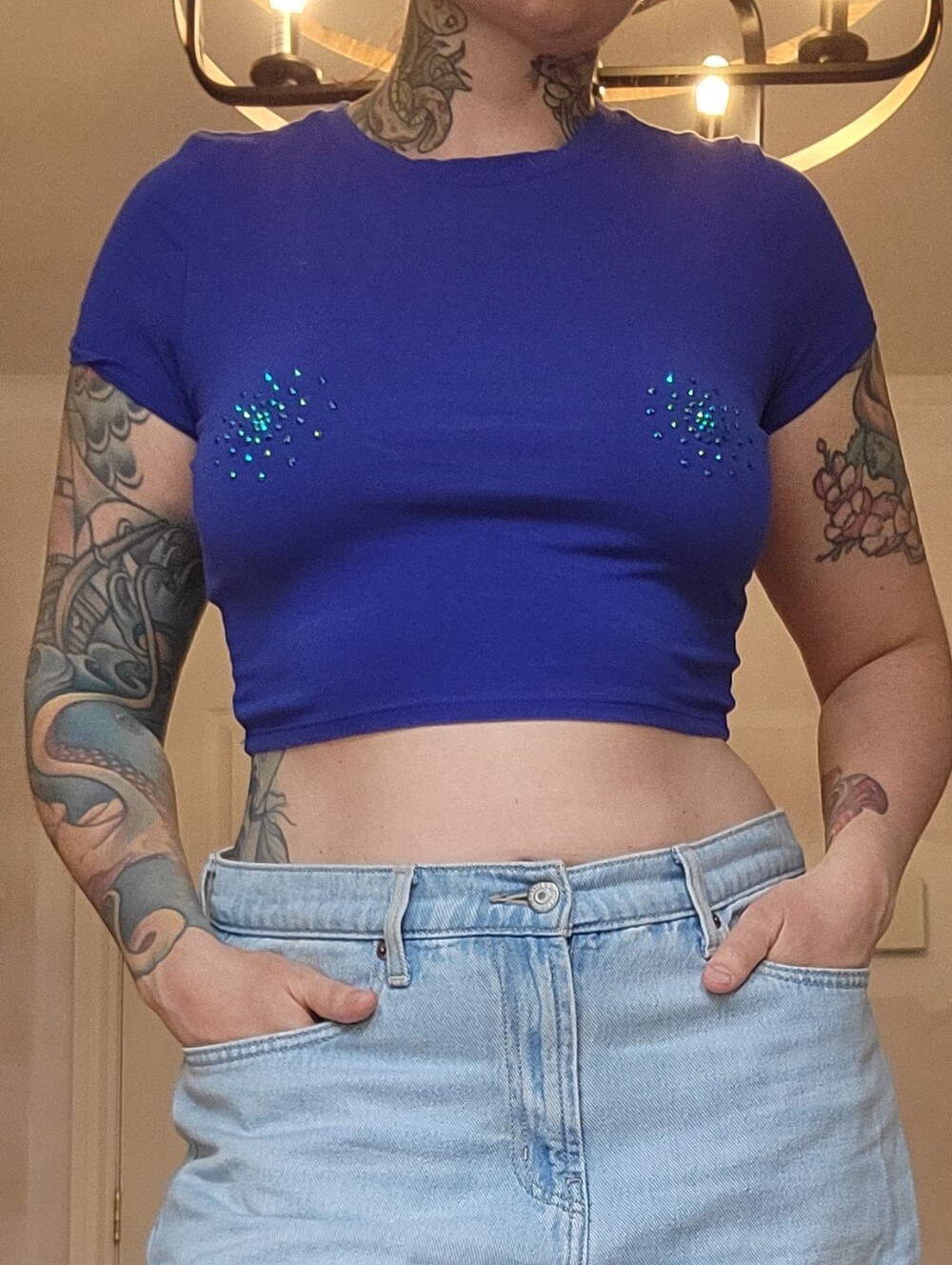 Blue Crop Top with Rhinestone Detail